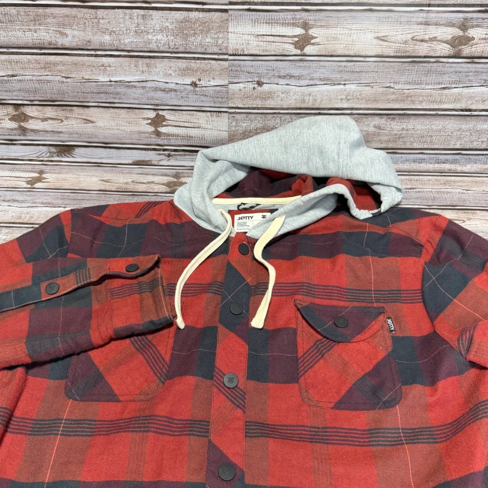Jetty Mens Hooded Flannel Shirt Jacket Red Black Plaid Jersey Lined Size Large‎